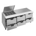 A Beverage-Air stainless steel refrigerated sandwich prep table with drawers and clear lids.