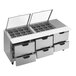 A large stainless steel Beverage-Air sandwich prep table with 6 drawers and clear lids.