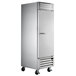 A stainless steel Beverage-Air reach-in freezer with a handle.