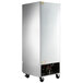 A large stainless steel Beverage-Air reach-in freezer with wheels.