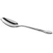 A Choice Bethany stainless steel demitasse spoon with a handle on a white background.