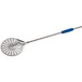 A silver stainless steel pizza peel with a blue handle.