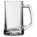 A clear glass Arcoroc sport beer mug with a handle.