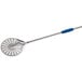 A silver stainless steel pizza peel with a long handle and round turning head with perforations and a blue handle.