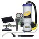 A ProTeam backpack vacuum with accessories on a white background.