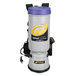 A ProTeam CoachVac backpack vacuum with a purple and grey design.