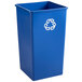 A blue Rubbermaid recycling bin with a white recycling symbol.