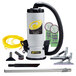 A ProTeam backpack vacuum with accessories including a tube and hose.