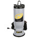 A grey ProTeam backpack vacuum with black straps and a yellow logo.