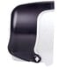 A close-up of a black and white San Jamar Versatwin double roll toilet paper dispenser.