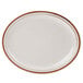 A white narrow rim stoneware platter with brown bands.