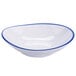 A white GET Settlement shallow bowl with a blue rim.