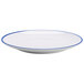 A white GET Settlement melamine dinner plate with a blue rim.
