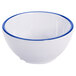 A white GET Settlement Bistro melamine bowl with a cobalt blue rim.
