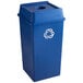 A blue Rubbermaid recycle bin with a white recycle symbol on top.