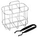 A metal basket with a black handle holding a Beer Tubes Chill Stick rack with black plastic tongs.