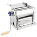 An Imperia stainless steel pasta machine with a wooden handle.