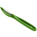 A Victorinox green vegetable peeler with a serrated high carbon stainless steel blade and a handle.
