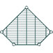 A green metal grid corner shelf with pentagon-shaped bars.
