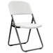 A white Lifetime folding chair with metal legs.
