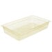 A Cambro amber plastic food pan with a yellow lid.