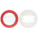 A white circular ring with red metal strips and holes.