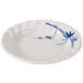 A white melamine plate with blue bamboo designs.