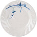 A close-up of a white Thunder Group melamine plate with blue painted bamboo designs.