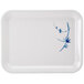 A white rectangular melamine tray with blue painted leaves and flowers.
