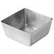 An American Metalcraft hammered stainless steel square bowl with a metal handle.
