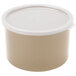 A beige plastic Cambro crock with a white lid.