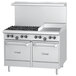 A stainless steel U.S. Range commercial gas range with two space saver ovens.