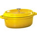 A yellow GET Heiss oval Dutch oven with a lid.