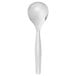 A silver plastic serving spoon with a white handle.