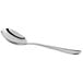 A Libbey Windsor Grandeur stainless steel bouillon spoon with a silver handle and a silver spoon.