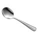 A Libbey Windsor Grandeur bouillon spoon with a silver handle on a white background.