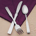 A Libbey Salem stainless steel bouillon spoon on a purple napkin with silverware.