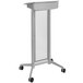 A gray Safco mobile steel lectern with black wheels.