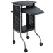 A Safco black adjustable presentation cart with wheels and a shelf.