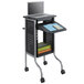 A Safco black adjustable presentation cart with a laptop on it.