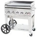 A stainless steel Crown Verity portable outdoor griddle on wheels with a black handle.