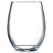 An Arcoroc clear stemless wine glass.
