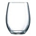 An Arcoroc clear glass stemless wine glass.