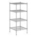 A wire shelving unit with four shelves.