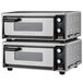 A silver Waring countertop pizza oven stacking kit on a counter with two ovens stacked on top of each other.
