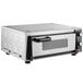 A silver and black rectangular Waring countertop pizza oven with the door open.