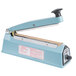 An Omcan blue and black manual impulse bag sealer with a black handle.