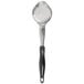 A Vollrath Jacob's Pride black perforated oval Spoodle portion spoon with a metal strainer on the end and a black handle.