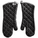 A pair of black SafeMitt oven mitts with grey trim and white stitching.