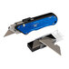 A blue and silver Olympia Tools Turboknife X utility knife with a blade and knife sharpener.
